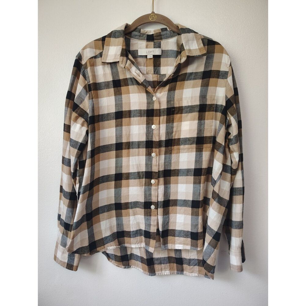 LOFT Women's Small Plaid Flannel Shirt Tan Black Button Down Cotton Relaxed Top - Picture 2 of 6